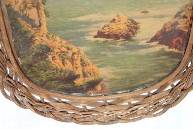 photo of antique wicker tray, souvenir w/ vintage color print, rocky ocean coast w/ gnarled old tree #2