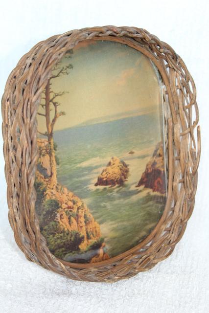 photo of antique wicker tray, souvenir w/ vintage color print, rocky ocean coast w/ gnarled old tree #3