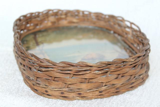 photo of antique wicker tray, souvenir w/ vintage color print, rocky ocean coast w/ gnarled old tree #4