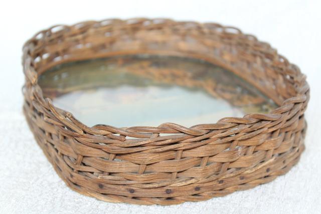 photo of antique wicker tray, souvenir w/ vintage color print, rocky ocean coast w/ gnarled old tree #6