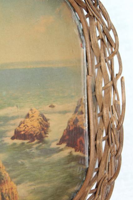 photo of antique wicker tray, souvenir w/ vintage color print, rocky ocean coast w/ gnarled old tree #9