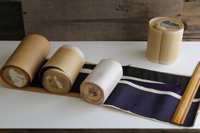 photo of antique wide silk ribbon for display, rolls of millinery trim in original paper #12