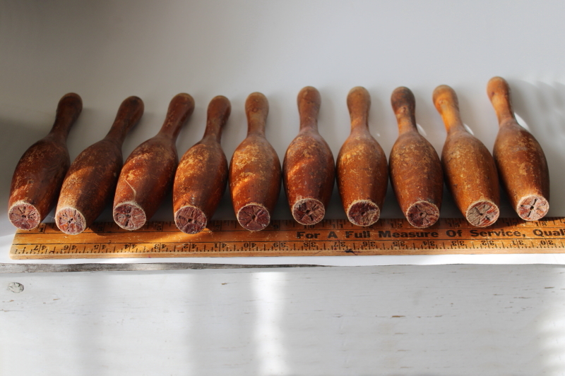 photo of antique wood bowling skittles set, 1800s vintage parlor toy small bowling pins & ball #5