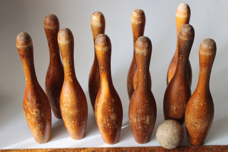 photo of antique wood bowling skittles set, 1800s vintage parlor toy small bowling pins & ball #8