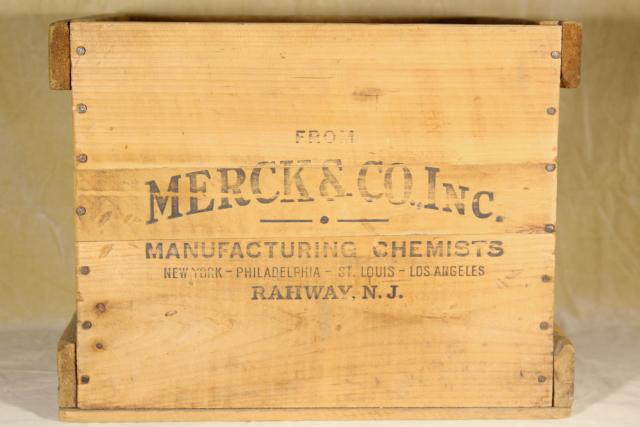 photo of antique wood box Merck Chemists pharmacy shipping crate w/ great vintage typography #3