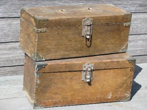 photo of antique wood carpenter's tool boxes, two vintage woodworking tool chests #1