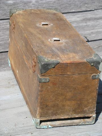 photo of antique wood carpenter's tool boxes, two vintage woodworking tool chests #3