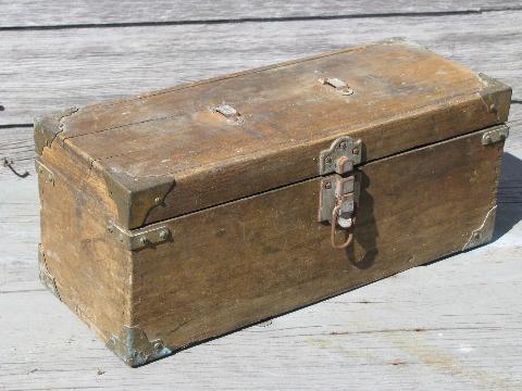 photo of antique wood carpenter's tool boxes, two vintage woodworking tool chests #6