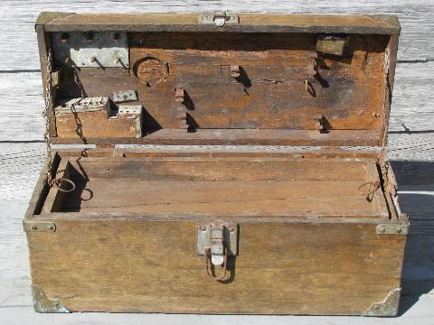 photo of antique wood carpenter's tool boxes, two vintage woodworking tool chests #7