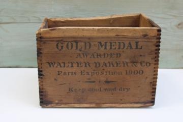 antique wood crate, Bakers chocolate Paris gold medal vintage 1900 stenciled graphics finger jointed packing box 