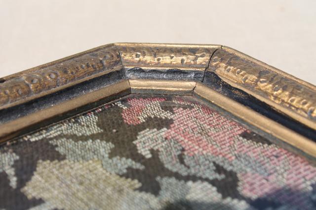 photo of antique wood frame tray w/ handles, vintage brocade fabric tray cloth under glass #2