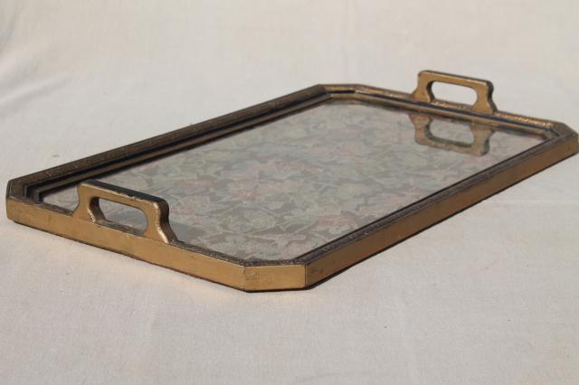 photo of antique wood frame tray w/ handles, vintage brocade fabric tray cloth under glass #4