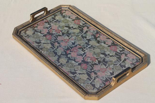 photo of antique wood frame tray w/ handles, vintage brocade fabric tray cloth under glass #6