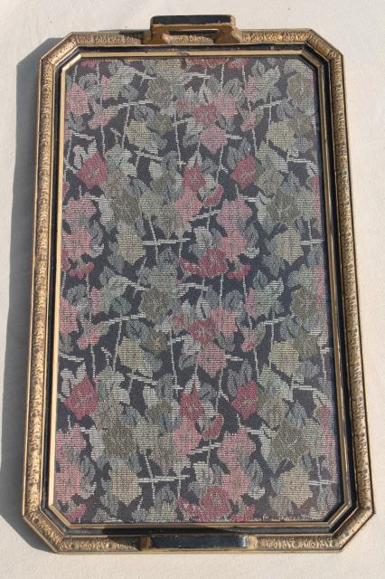 photo of antique wood frame tray w/ handles, vintage brocade fabric tray cloth under glass #7