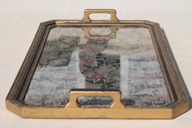 photo of antique wood frame tray w/ handles, vintage brocade fabric tray cloth under glass #9