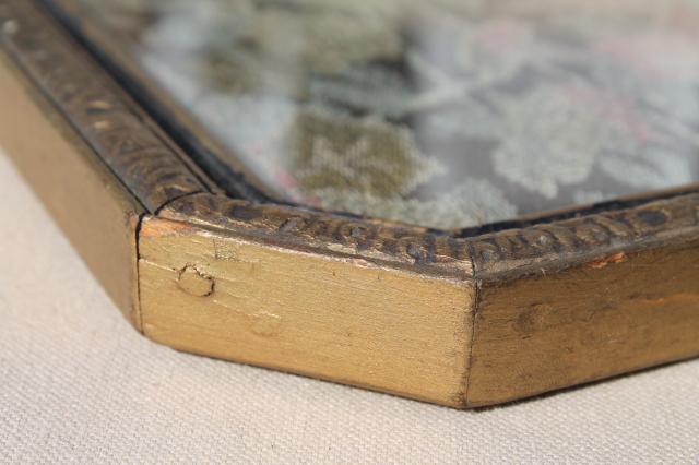 photo of antique wood frame tray w/ handles, vintage brocade fabric tray cloth under glass #11