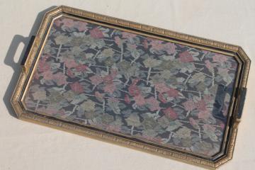 catalog photo of antique wood frame tray w/ handles, vintage brocade fabric tray cloth under glass