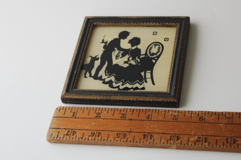 photo of antique wood framed reverse painted glass silhouette picture, Mothers Day scene lady w/ boy & dog #1