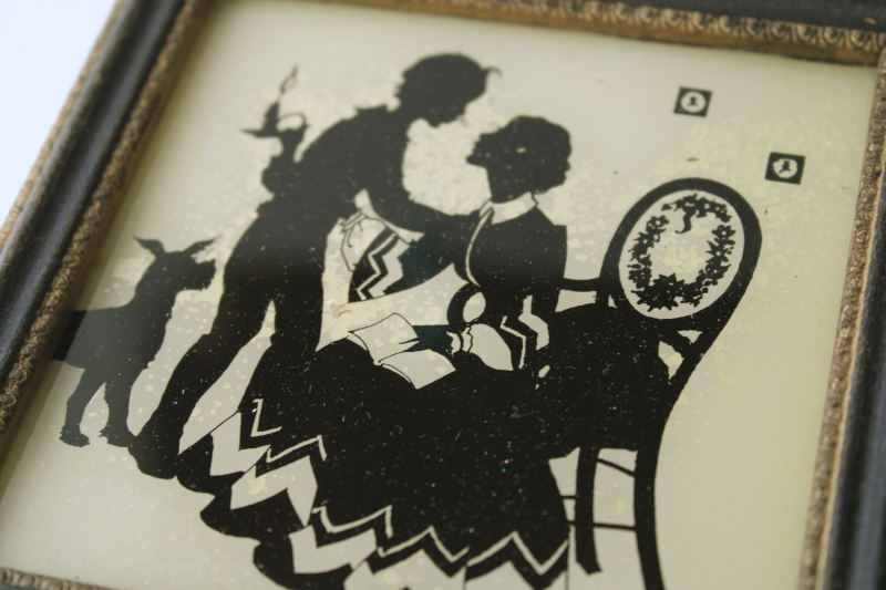 photo of antique wood framed reverse painted glass silhouette picture, Mothers Day scene lady w/ boy & dog #2