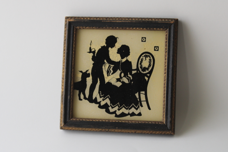 photo of antique wood framed reverse painted glass silhouette picture, Mothers Day scene lady w/ boy & dog #4