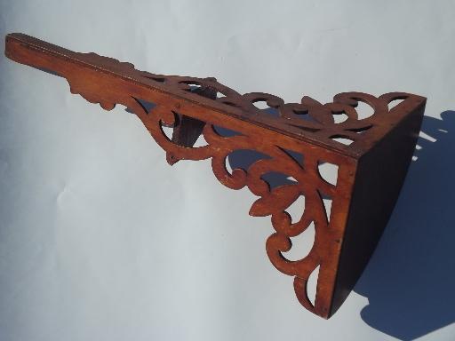 photo of antique wood fretwork whatnot shelves, vintage corner wall shelf lot #2