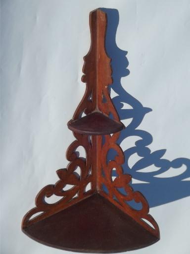 photo of antique wood fretwork whatnot shelves, vintage corner wall shelf lot #10