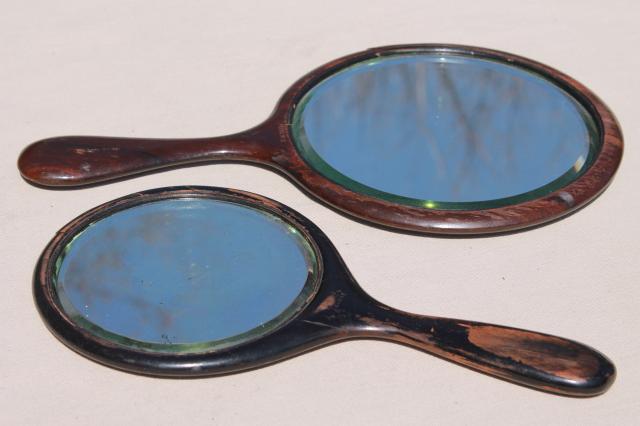 photo of antique wood hand mirrors w/ beveled glass, plain & simple vintage wooden frames #1
