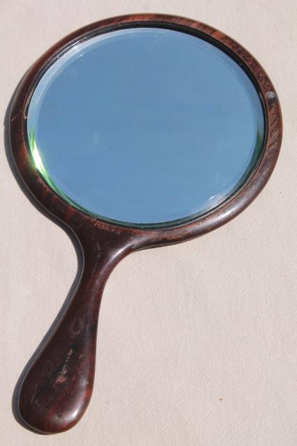 photo of antique wood hand mirrors w/ beveled glass, plain & simple vintage wooden frames #4