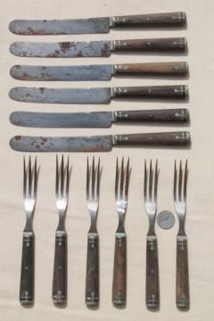 catalog photo of antique wood handled steel forks & knives, Civil War vintage silverware, flatware set