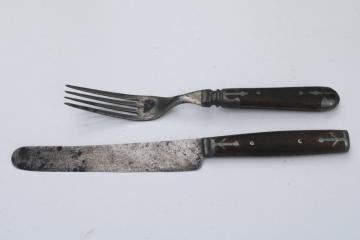 catalog photo of antique wood handled table knife & fork, 1800s vintage utensils