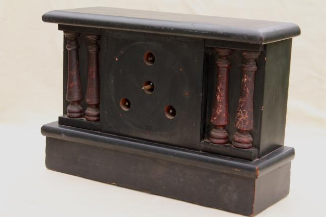 photo of antique wood mantel clock case w/ partial mechanism, paper label Hammond W C Gilbert #1