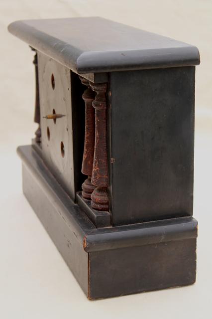 photo of antique wood mantel clock case w/ partial mechanism, paper label Hammond W C Gilbert #2