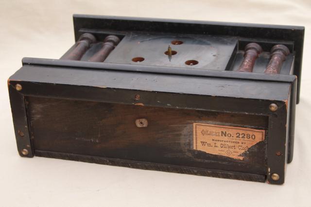 photo of antique wood mantel clock case w/ partial mechanism, paper label Hammond W C Gilbert #5