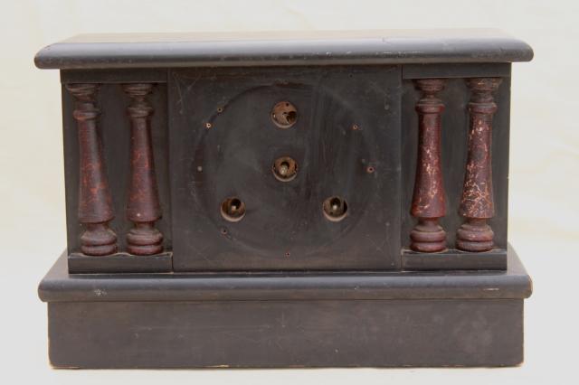 photo of antique wood mantel clock case w/ partial mechanism, paper label Hammond W C Gilbert #8