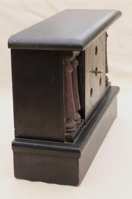 photo of antique wood mantel clock case w/ partial mechanism, paper label Hammond W C Gilbert #12