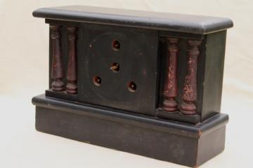 catalog photo of antique wood mantel clock case w/ partial mechanism, paper label Hammond W C Gilbert