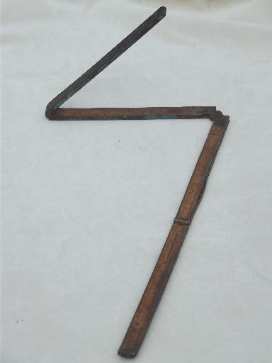 photo of antique wood measures, brass bound folding scales, old advertising tool rulers #11
