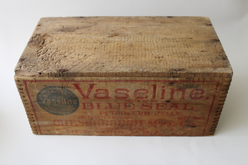 photo of antique wood packing crate Vaseline advertising graphics primitive vintage dovetailed box #1