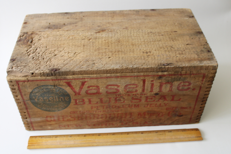 photo of antique wood packing crate Vaseline advertising graphics primitive vintage dovetailed box #2