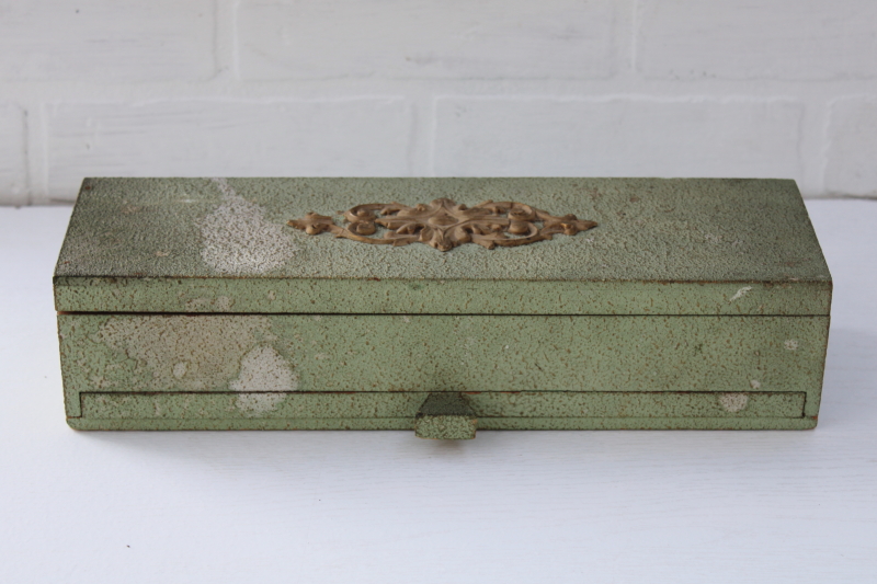 photo of antique wood store counter display case, green gold gesso box for writing supplies, jewelry or notions #1