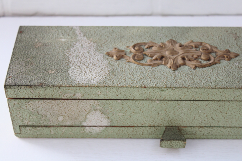 photo of antique wood store counter display case, green gold gesso box for writing supplies, jewelry or notions #3