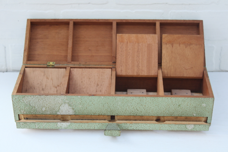 photo of antique wood store counter display case, green gold gesso box for writing supplies, jewelry or notions #7