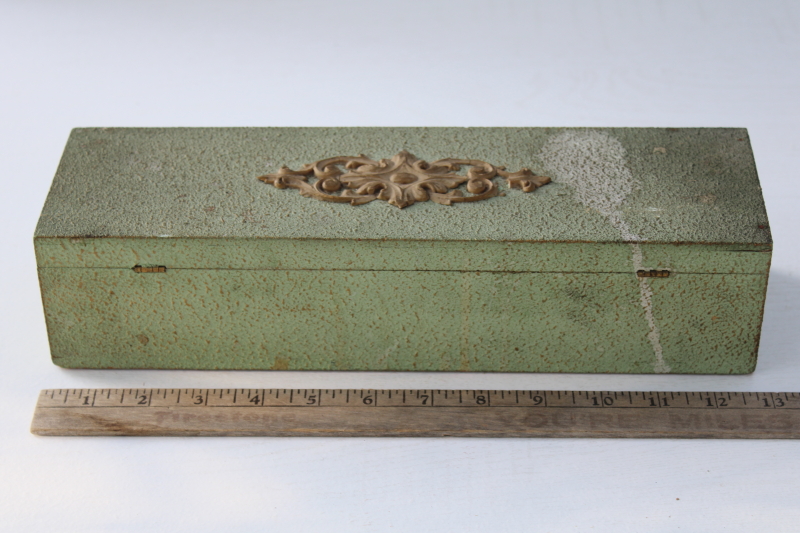 photo of antique wood store counter display case, green gold gesso box for writing supplies, jewelry or notions #9