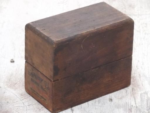 photo of antique wood tool box for number stamps, old Millers Falls paper label #1