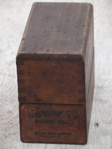 photo of antique wood tool box for number stamps, old Millers Falls paper label #3