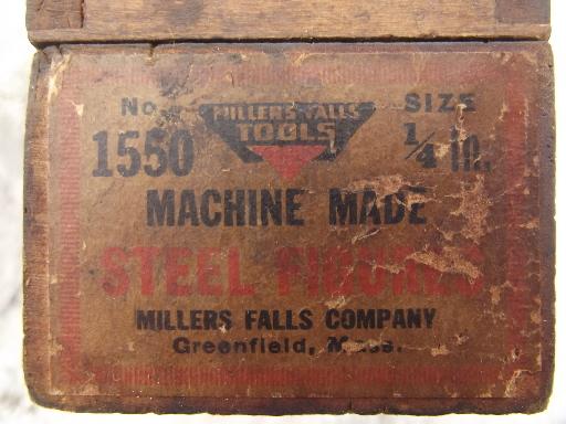 photo of antique wood tool box for number stamps, old Millers Falls paper label #6