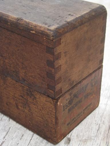 photo of antique wood tool box for number stamps, old Millers Falls paper label #7