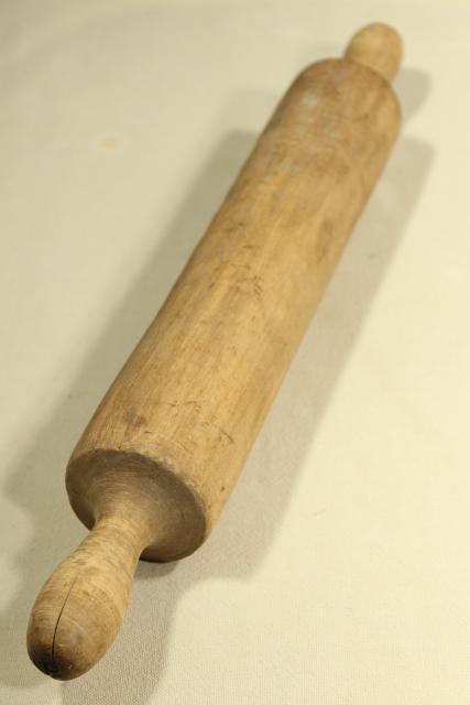 photo of antique wooden rolling pin carved from a single piece of wood, vintage kitchen primitive #1