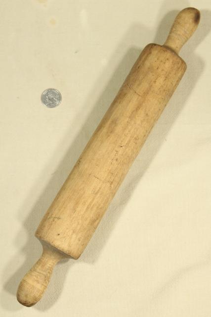 photo of antique wooden rolling pin carved from a single piece of wood, vintage kitchen primitive #2