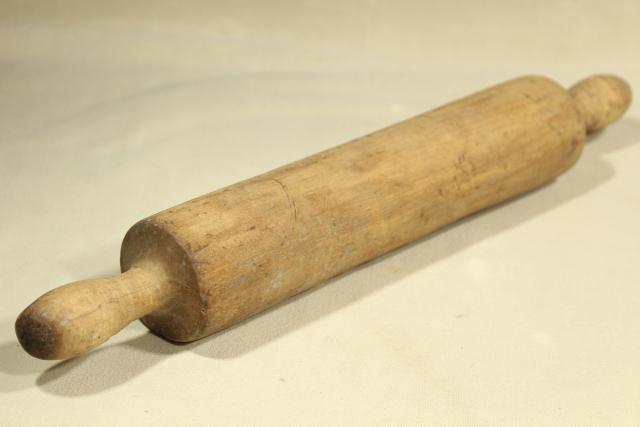 photo of antique wooden rolling pin carved from a single piece of wood, vintage kitchen primitive #4